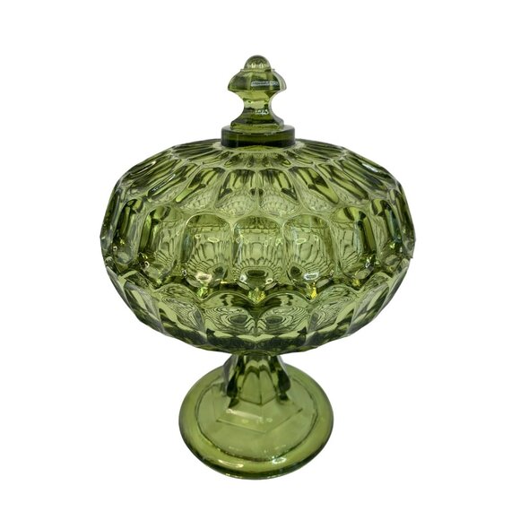 Rare Large Vintage 60s Green Fenton Glass Dish Pedestal Facet Covered 6975 - Picture 3 of 13